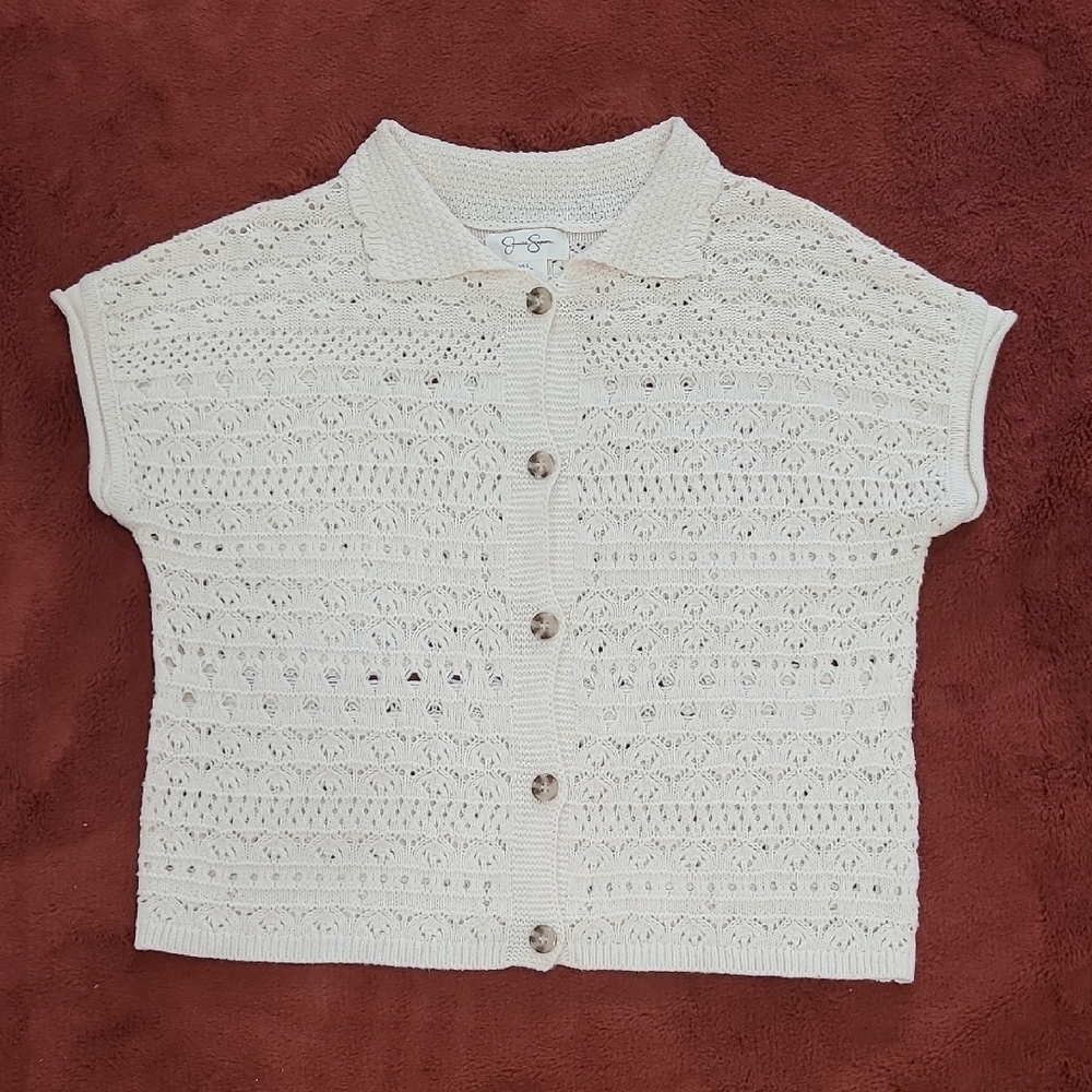 Jessica Simpson Cream Button Down Shirt with Delicate Crochet Design